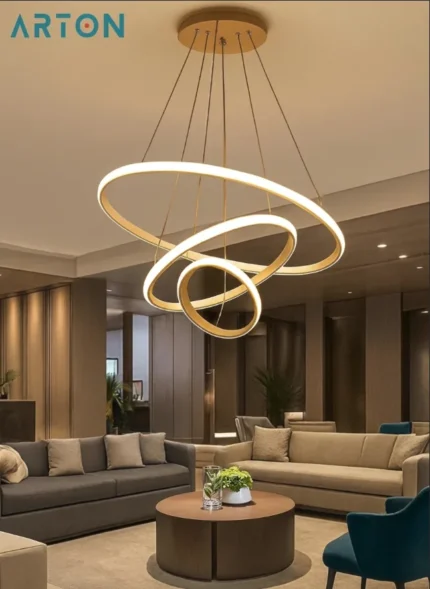 Modern LED Chandelier – Light Golden Body Hanging Lamp for Dining & Living Room, Warm White