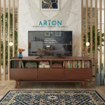 Modern Mid-Century TV Trolley with Marble Backdrop & Slatted Wood Paneling
