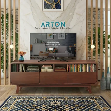 Modern Mid-Century TV Trolley with Marble Backdrop & Slatted Wood Paneling